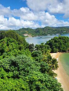 Tropischer Strand mit dichtem Grün, klarem Wasser und Hügeln unter blauem Himmel.