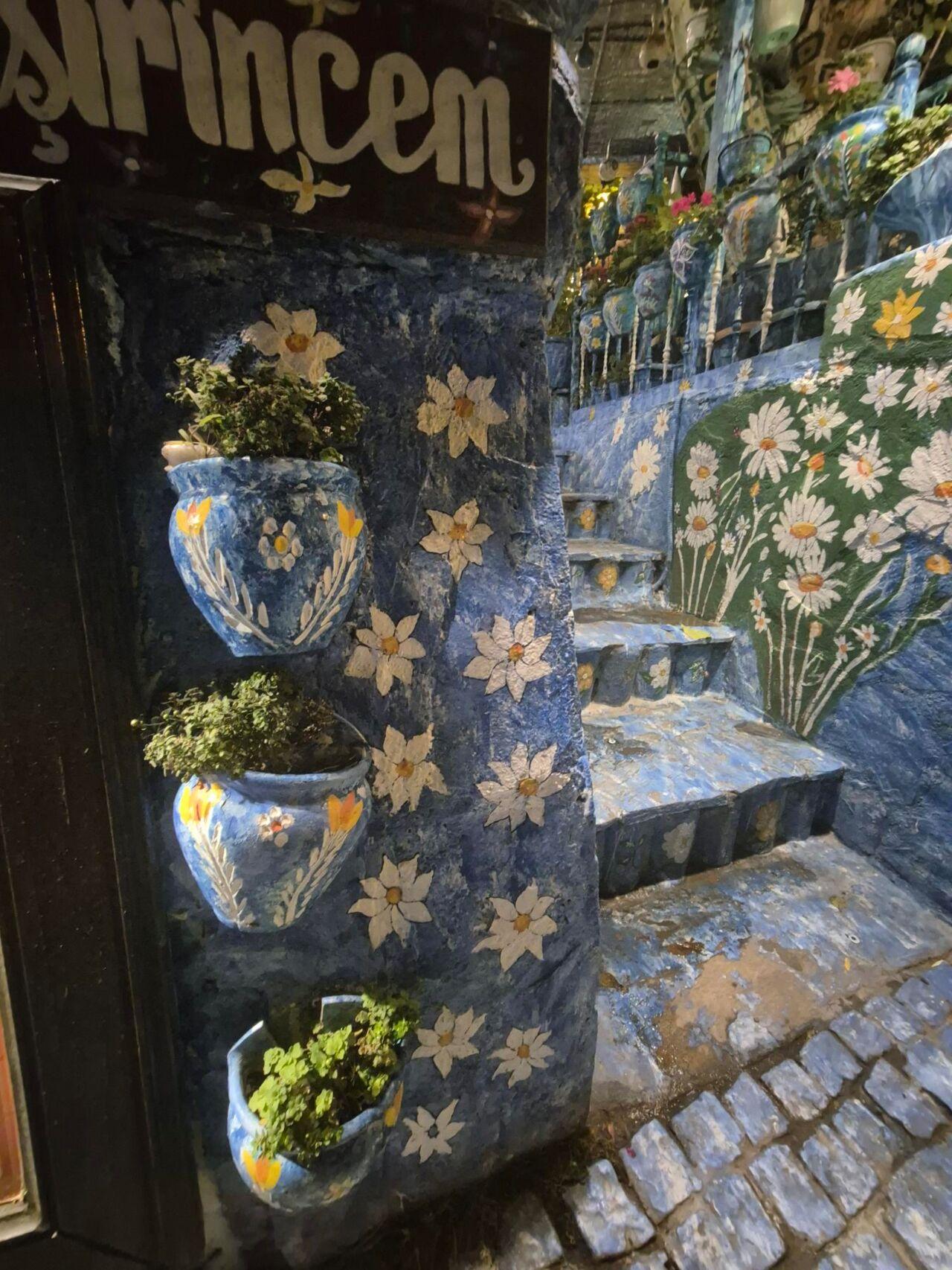 Belebter Treppenaufgang mit blauen Wänden, weißen Blumenmustern und dekorativen Pflanzgefäßen.