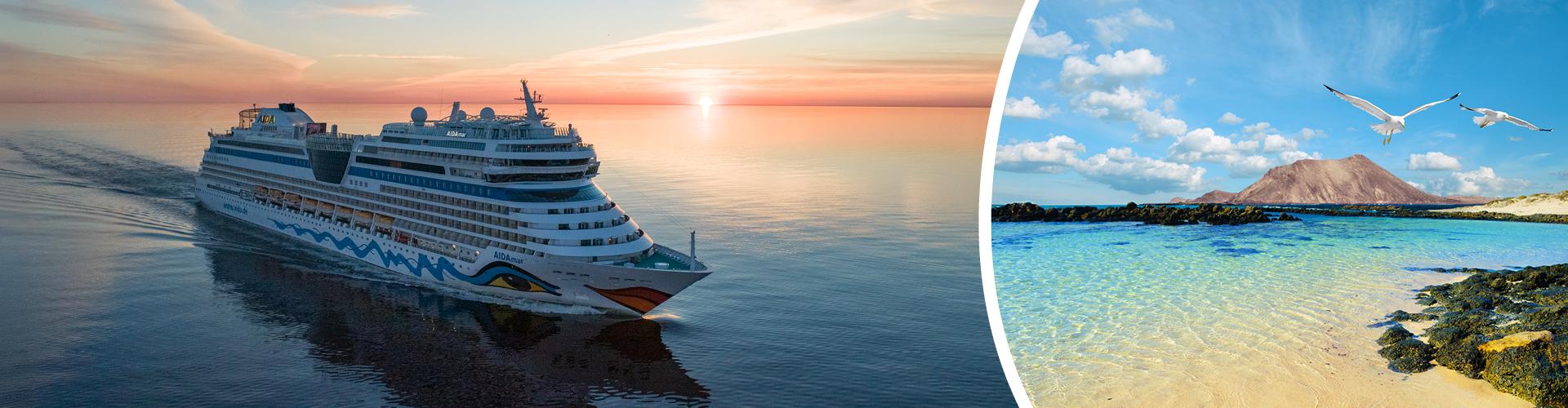 Luxuriöses Kreuzfahrtschiff bei Sonnenuntergang neben tropischem Inselparadies mit klarem Wasser.